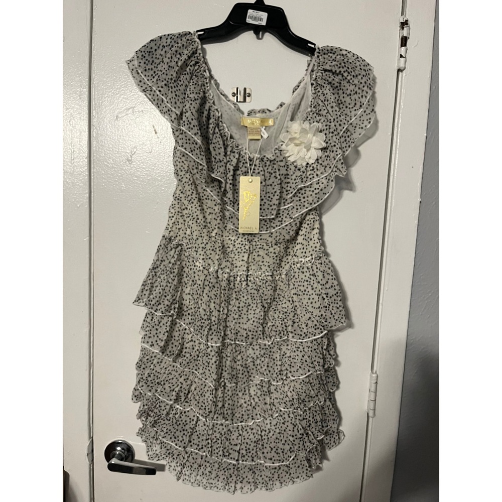 Michael K White Black Polka Dot Tiered Ruffle Mini Dress Floral Brooch NWT L